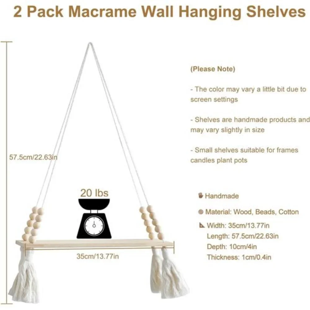 2 Pack Wooden Wall Hanging Shelves - Macrame Hanging Plant Shelf with Tassel